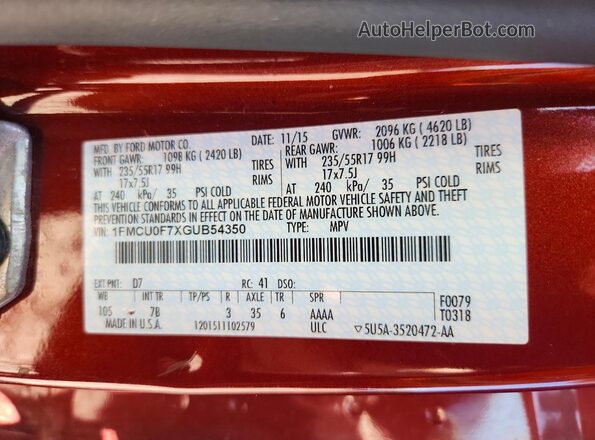 1FMCU0F7XGUB54350 2016 FORD ESCAPE Красный Вид наклейки с VIN-кодом