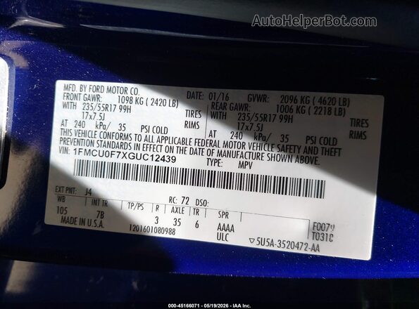 1FMCU0F7XGUC12439 2016 FORD ESCAPE Blue Widok komory silnika