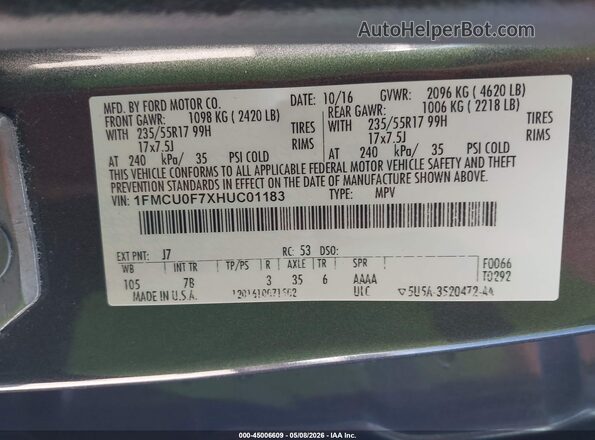 1FMCU0F7XHUC01183 2017 FORD ESCAPE Серый Вид подкапотного пространства