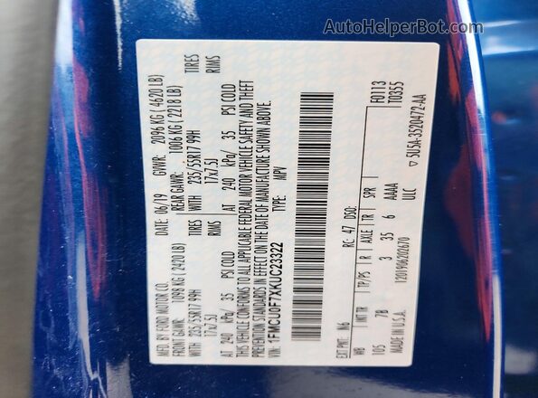 1FMCU0F7XKUC23322 2019 FORD ESCAPE Синий Панорамный вид салона 360°