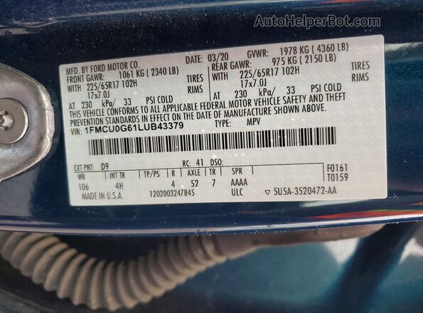 1FMCU0G61LUB43379 2020 FORD ESCAPE Blue Widok naklejki z numerem VIN