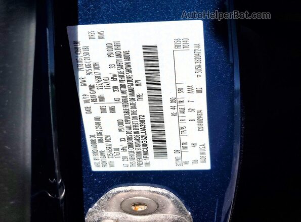 1FMCU0G62LUA39872 2020 FORD ESCAPE Blue Widok naklejki z numerem VIN