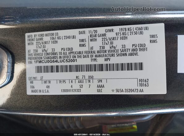 1FMCU0G64LUC52001 2020 FORD ESCAPE Серый Вид подкапотного пространства