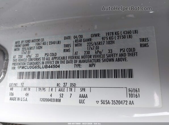 1FMCU0G65LUB44504 2020 FORD ESCAPE Белый Вид подкапотного пространства