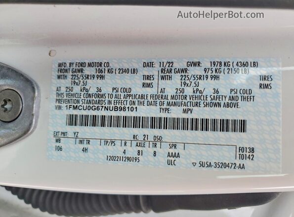 1FMCU0G67NUB98101 2022 FORD ESCAPE Белый Вид наклейки с VIN-кодом