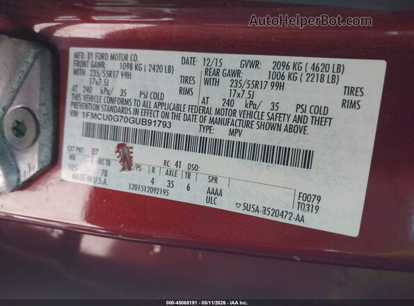 1FMCU0G70GUB91793 2016 FORD ESCAPE Красный Вид подкапотного пространства