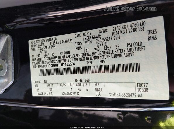 1FMCU0G90HUD52274 2017 FORD ESCAPE Черный Вид подкапотного пространства