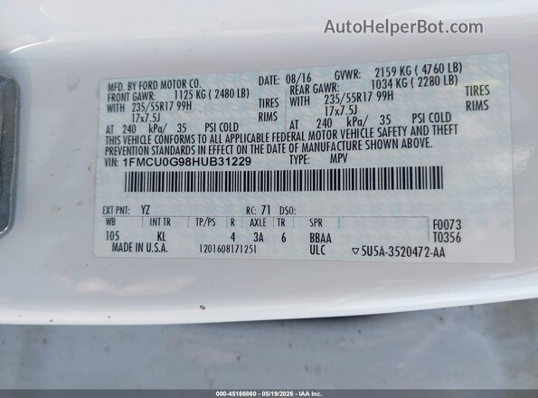 1FMCU0G98HUB31229 2017 FORD ESCAPE White Vista del compartimento del motor