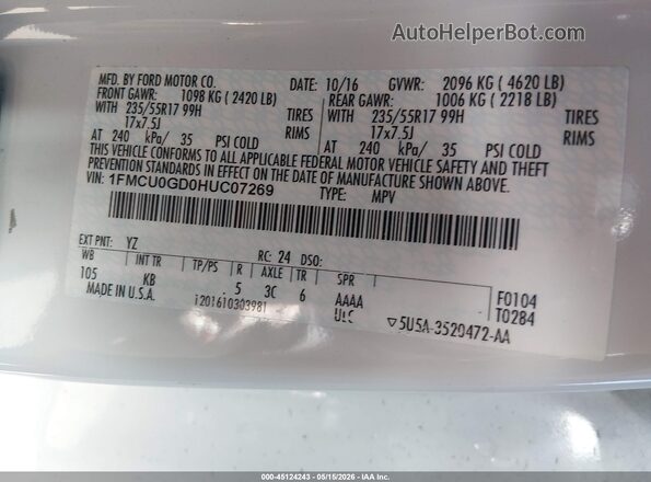 1FMCU0GD0HUC07269 2017 FORD ESCAPE Белый Вид подкапотного пространства