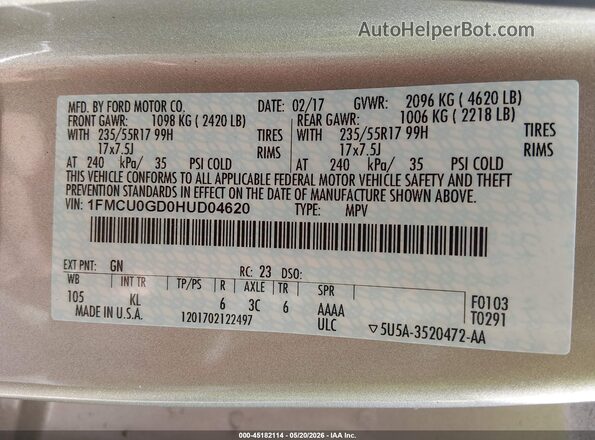 1FMCU0GD0HUD04620 2017 FORD ESCAPE Gold ძრავის განყოფილების ხედი