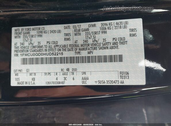 1FMCU0GD0HUD52215 2017 FORD ESCAPE Черный Вид подкапотного пространства