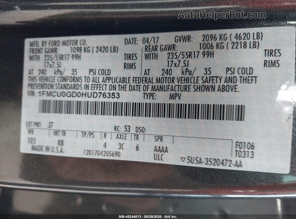 1FMCU0GD0HUD76353 2017 FORD ESCAPE Серый Вид подкапотного пространства