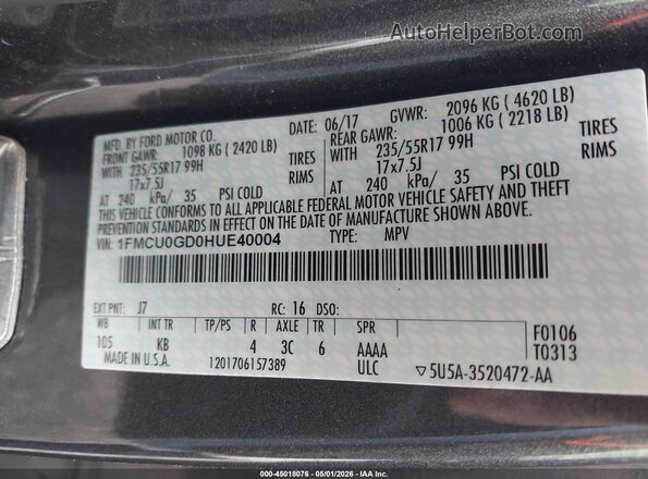 1FMCU0GD0HUE40004 2017 FORD ESCAPE Серый Вид подкапотного пространства