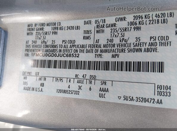 1FMCU0GD0JUC68532 2018 FORD ESCAPE Silver ძრავის განყოფილების ხედი