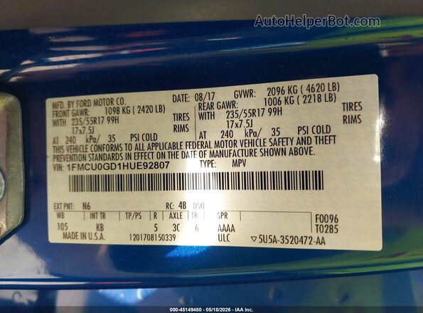 1FMCU0GD1HUE92807 2017 FORD ESCAPE Синий Вид подкапотного пространства
