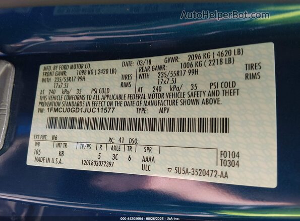 1FMCU0GD1JUC11577 2018 FORD ESCAPE Синий Вид подкапотного пространства