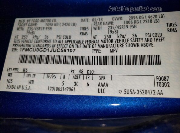 1FMCU0GD1JUC58107 2018 FORD ESCAPE Blue Widok naklejki z numerem VIN