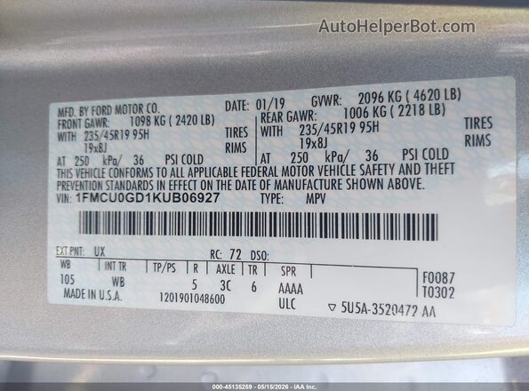 1FMCU0GD1KUB06927 2019 FORD ESCAPE Серебряный Вид подкапотного пространства