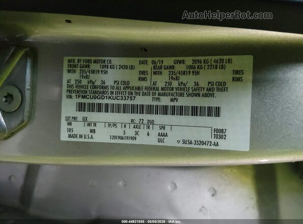 1FMCU0GD1KUC33757 2019 FORD ESCAPE Серебряный Вид подкапотного пространства