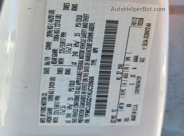 1FMCU0GD1KUC35606 2019 FORD ESCAPE White Widok komory silnika
