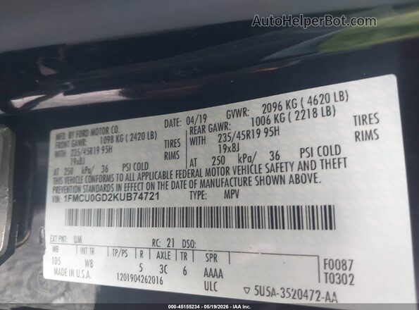1FMCU0GD2KUB74721 2019 FORD ESCAPE Черный Вид подкапотного пространства