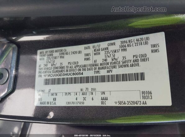 1FMCU0GD3HUC80054 2017 FORD ESCAPE Black Vista del compartimento del motor