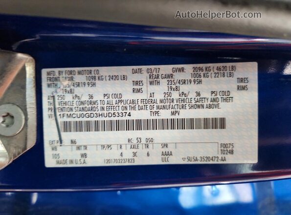 1FMCU0GD3HUD53374 2017 FORD ESCAPE Синий Вид наклейки с VIN-кодом