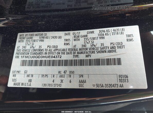 1FMCU0GD3HUE04372 2017 FORD ESCAPE Black Vista del compartimento del motor