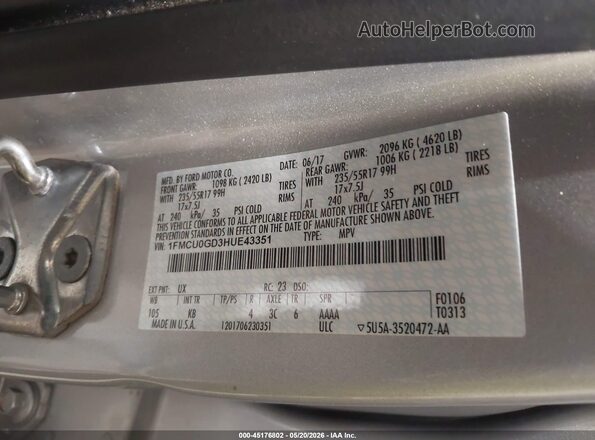 1FMCU0GD3HUE43351 2017 FORD ESCAPE Серебряный Вид подкапотного пространства