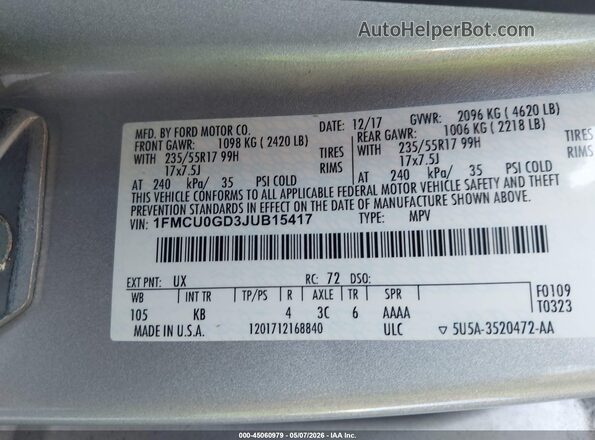 1FMCU0GD3JUB15417 2018 FORD ESCAPE Серебряный Вид подкапотного пространства