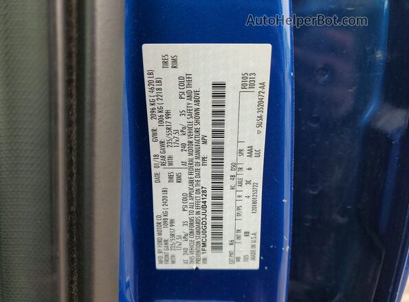 1FMCU0GD3JUB41287 2018 FORD ESCAPE Blue Engine compartment view