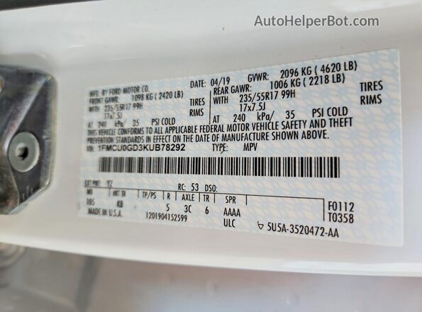 1FMCU0GD3KUB78292 2019 FORD ESCAPE Белый Вид подкапотного пространства