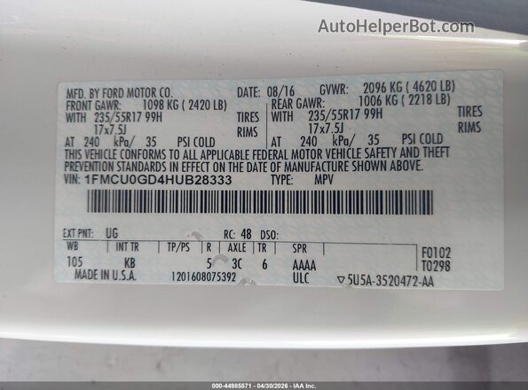 1FMCU0GD4HUB28333 2017 FORD ESCAPE White Widok komory silnika