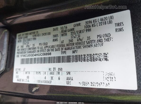 1FMCU0GD4HUC06898 2017 FORD ESCAPE Серый Вид подкапотного пространства