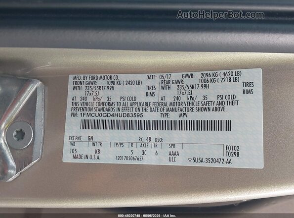 1FMCU0GD4HUD83595 2017 FORD ESCAPE Золотой Вид подкапотного пространства