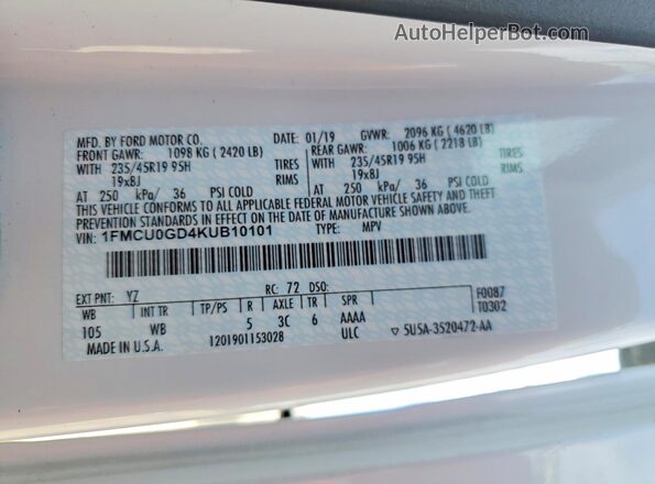 1FMCU0GD4KUB10101 2019 FORD ESCAPE White Widok naklejki z numerem VIN