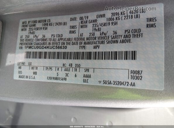 1FMCU0GD4KUC56630 2019 FORD ESCAPE Silver Widok komory silnika