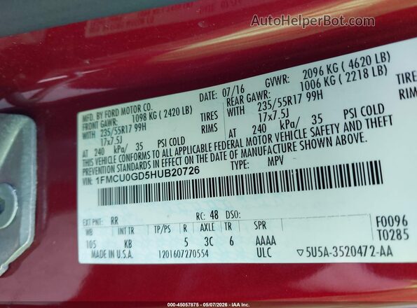 1FMCU0GD5HUB20726 2017 FORD ESCAPE Красный Вид подкапотного пространства