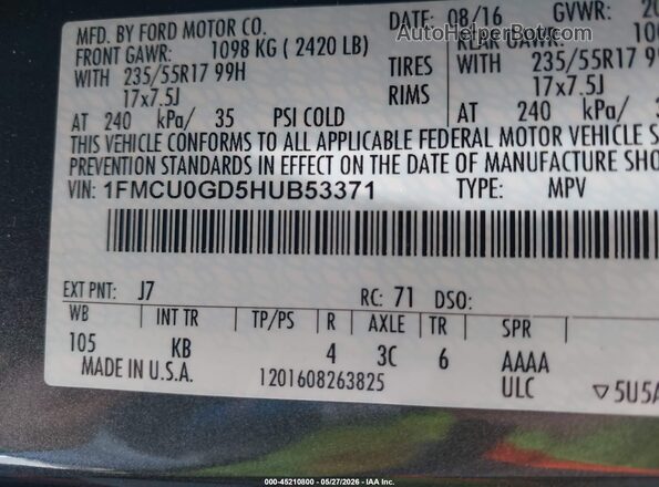 1FMCU0GD5HUB53371 2017 FORD ESCAPE Gray ძრავის განყოფილების ხედი