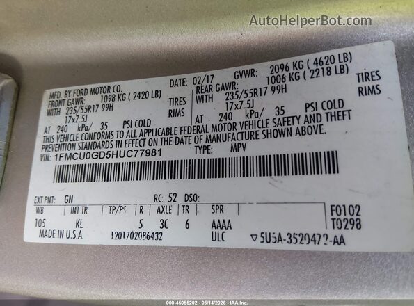 1FMCU0GD5HUC77981 2017 FORD ESCAPE Белый Вид подкапотного пространства