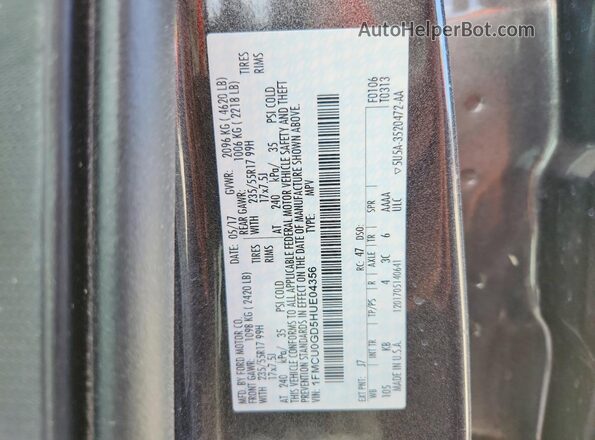 1FMCU0GD5HUE04356 2017 FORD ESCAPE Gray Панорамний вид салону 360°