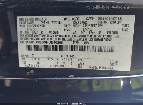 1FMCU0GD5HUE40208 2017 FORD ESCAPE Black ძრავის განყოფილების ხედი