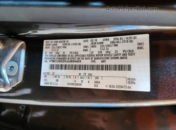 1FMCU0GD5JUB85405 2018 FORD ESCAPE Charcoal Вид наклейки з VIN-кодом