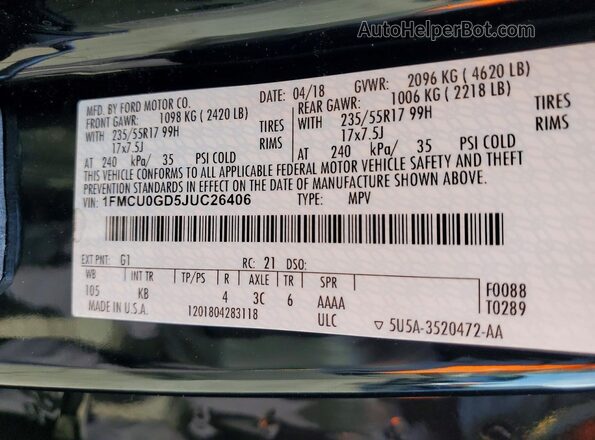 1FMCU0GD5JUC26406 2018 FORD ESCAPE Black Widok naklejki z numerem VIN