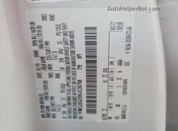 1FMCU0GD5KUC36788 2019 FORD ESCAPE White Widok naklejki z numerem VIN