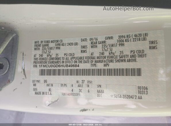 1FMCU0GD6HUB49684 2017 FORD ESCAPE Белый Вид подкапотного пространства