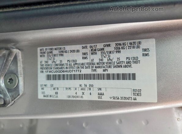 1FMCU0GD6HUD71772 2017 FORD ESCAPE Серебряный Вид подкапотного пространства