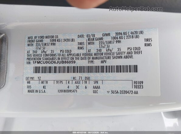 1FMCU0GD6JUB86059 2018 FORD ESCAPE Beige Vista del compartimento del motor