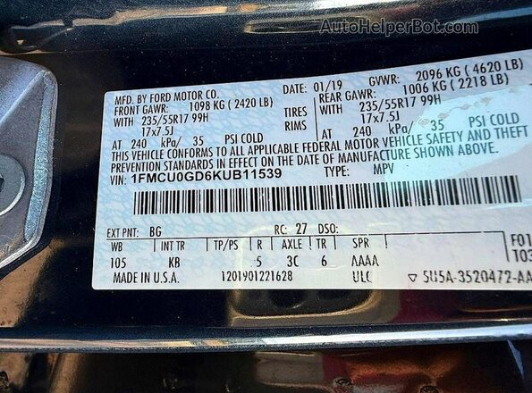 1FMCU0GD6KUB11539 2019 FORD ESCAPE Синий Вид задних сидений