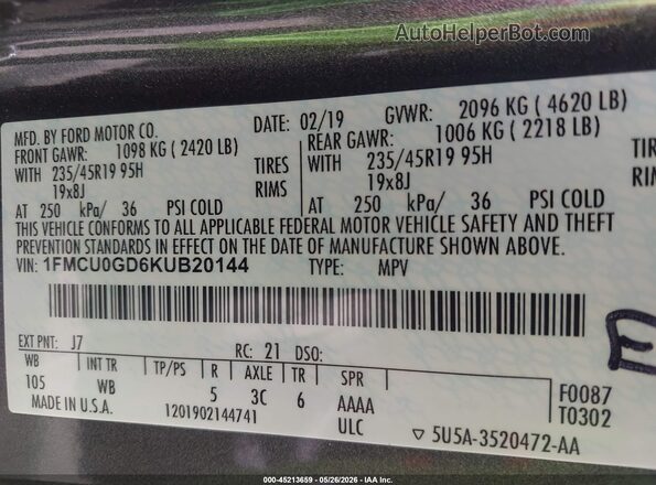 1FMCU0GD6KUB20144 2019 FORD ESCAPE Gray Вид підкапотного простору